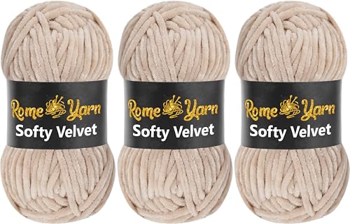 Rome Yarn Softy Velvet Wolle 100g - 120m | Samtgarn Chunky Chenillewolle Babywolle Amigurumi Super Bulky Garn zum Häkeln und Strickwolle Flauschgarn Velvet Garn (3 Knäuel, 943 Hellbeige) von Rome Yarn
