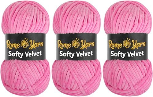 Rome Yarn Softy Velvet Wolle 100g - 120m | Samtgarn Chunky Chenillewolle Babywolle Amigurumi Super Bulky Garn zum Häkeln und Strickwolle Flauschgarn Velvet Garn (3 Knäuel, 948 Dunkelrosa) von Rome Yarn