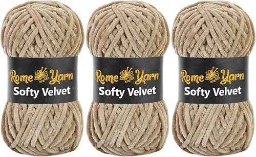 Rome Yarn Softy Velvet Wolle 100g - 120m | Samtgarn Chunky Chenillewolle Babywolle Amigurumi Super Bulky Garn zum Häkeln und Strickwolle Flauschgarn Velvet Garn (3 Knäuel, 952 Beige) von Rome Yarn