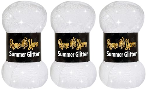 Rome Yarn Summer Glitter | Sommer Glitzer Garn | Seideneffekt | Anti-Pilling Metallic-Wolle | Acrylgarn Simli Wolle | Glitzerwolle (3 Knäuel, 10 Weiß) von Rome Yarn