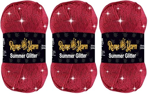 Rome Yarn Summer Glitter | Sommer Glitzer Garn | Seideneffekt | Anti-Pilling Metallic-Wolle | Acrylgarn Simli Wolle | Glitzerwolle (3 Knäuel, 141 Mohnrot) von Rome Yarn