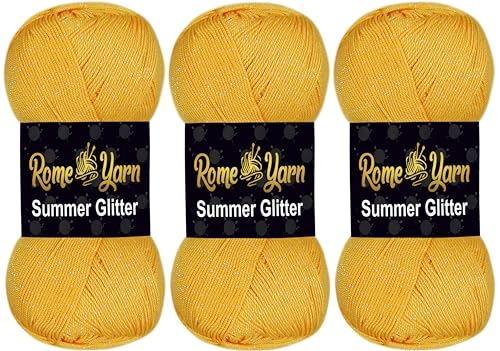 Rome Yarn Summer Glitter | Sommer Glitzer Garn | Seideneffekt | Anti-Pilling Metallic-Wolle | Acrylgarn Simli Wolle | Glitzerwolle (3 Knäuel, 318 Dunkelgelb) von Rome Yarn