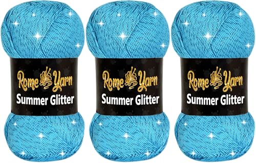 Rome Yarn Summer Glitter | Sommer Glitzer Garn | Seideneffekt | Anti-Pilling Metallic-Wolle | Acrylgarn Simli Wolle | Glitzerwolle (3 Knäuel, 512 Himmelblau) von Rome Yarn