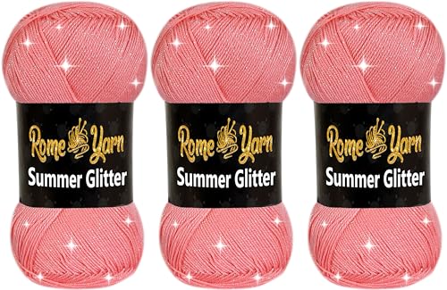 Rome Yarn Summer Glitter | Sommer Glitzer Garn | Seideneffekt | Anti-Pilling Metallic-Wolle | Acrylgarn Simli Wolle | Glitzerwolle (3 Knäuel, 766 Hellrosa) von Rome Yarn