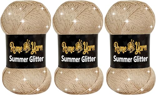 Rome Yarn Summer Glitter | Sommer Glitzer Garn | Seideneffekt | Anti-Pilling Metallic-Wolle | Acrylgarn Simli Wolle | Glitzerwolle (3 Knäuel, 837 Dunkelbeige) von Rome Yarn