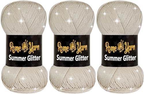 Rome Yarn Summer Glitter | Sommer Glitzer Garn | Seideneffekt | Anti-Pilling Metallic-Wolle | Acrylgarn Simli Wolle | Glitzerwolle (3 Knäuel, 861 Beige) von Rome Yarn