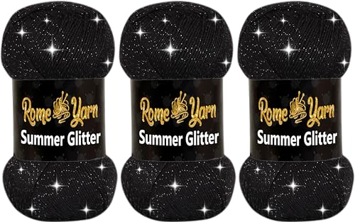 Rome Yarn Summer Glitter | Sommer Glitzer Garn | Seideneffekt | Anti-Pilling Metallic-Wolle | Acrylgarn Simli Wolle | Glitzerwolle (3 Knäuel, 940 Schwarz) von Rome Yarn