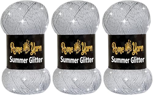 Rome Yarn Summer Glitter | Sommer Glitzer Garn | Seideneffekt | Anti-Pilling Metallic-Wolle | Acrylgarn Simli Wolle | Glitzerwolle (3 Knäuel, 941 Grau) von Rome Yarn