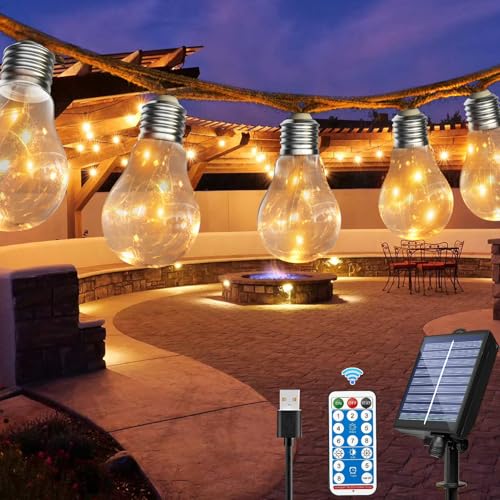 Romwish Solar Fairy Lights Outdoor 9 m Fairy Lights Outdoor Solar with 20 LEDs, 8 Modes, 4 Brightness Fairy Lights Bulbs for Gardens, Party, Balcony, Wedding, Outdoor (USB/Solar Charging Method) von Romwish
