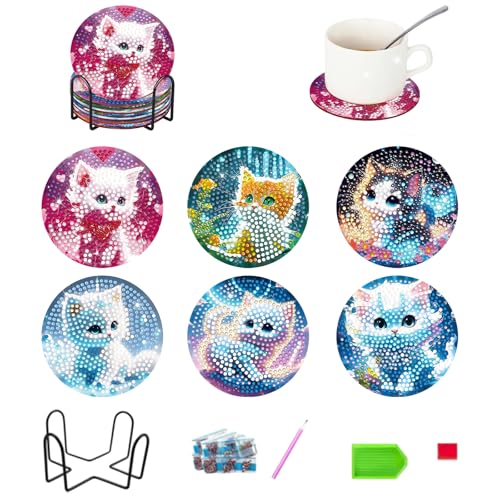 Rongxze 6 Stück Diamond Painting Untersetzer Mit Halter, Diamant Malerei Untersetzer, Katze Bilder, für Erwachsene Kinder (Rund, 10cm) von Rongxze