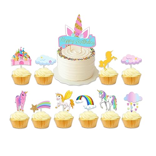 11 Stück Einhorn Tortendeko,Cake Topper Einhorn Unicorn Cake Topper Unicorn Cake Decoration Kuchen Deko Einhorn Regenbogen Schloss Wolke Cupcake Topper Dekoration für Kinder Einhorn Thema Party von Ronoza