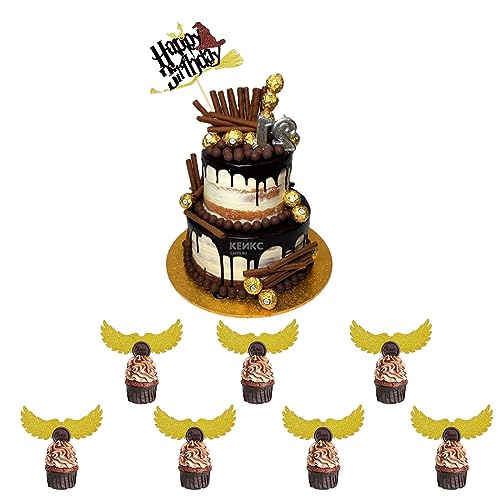 21 Stück Magical Tortendeko,Glitter Schwarz Wizard inspiriert Kuchendeko Wizard Happy Birthday Cake Topper Goldene Flügel Cupcake Deko Magic Theme Tortenaufleger für Junge Mädchen Party Dekoration von Ronoza