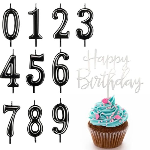 Ronoza 10 Stück Schwarz Geburtstagskerzen Zahlen 0-9, Kerzen Geburtstag, Geburtstagskerze, Geburtstagskerzen für Torte, Kerze 0-9, Kerzen Zahlen mit Silber Happy Birthday Cake Topper von Ronoza