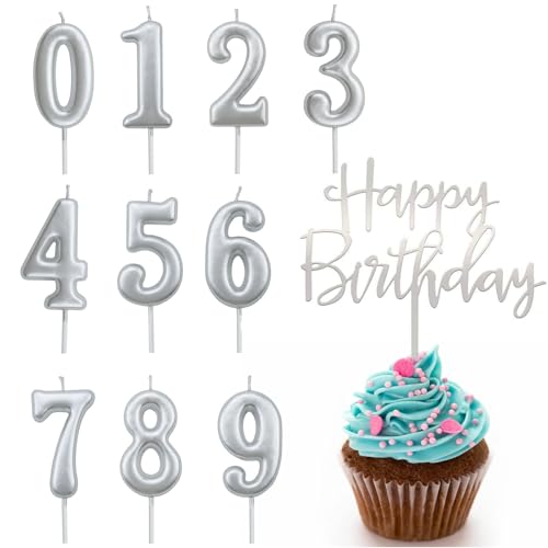 Ronoza 10 Stück Silber Geburtstagskerzen Zahlen 0-9, Kerzen Geburtstag, Geburtstagskerze, Geburtstagskerzen für Torte, Kerze 0-9, Kerzen Zahlen mit Silber Happy Birthday Cake Topper von Ronoza