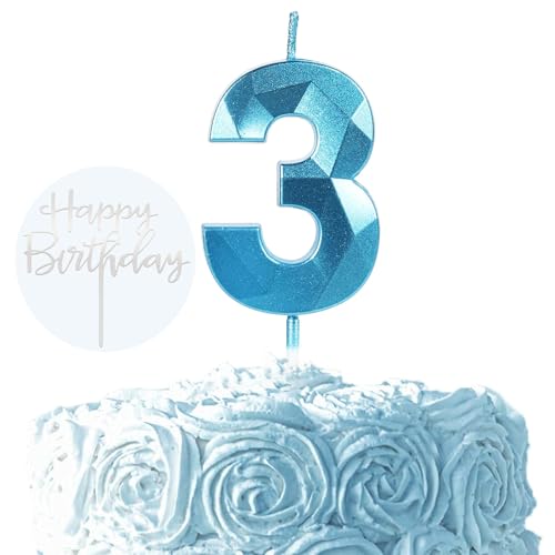 Ronoza 3D Blau Geburtstagskerzen Zahlen 3, Glitzer Kerzen Geburtstag, Geburtstagskerzen für Torte, Kerze 3, Kerzen Zahlen, Tortendeko Geburtstag (mit Silber Happy Birthday Cake Topper) von Ronoza