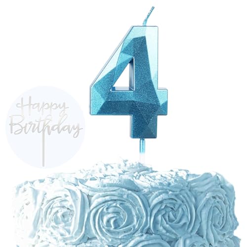 Ronoza 3D Blau Geburtstagskerzen Zahlen 4, Glitzer Kerzen Geburtstag, Geburtstagskerzen für Torte, Kerze 4, Kerzen Zahlen, Tortendeko Geburtstag (mit Silber Happy Birthday Cake Topper) von Ronoza