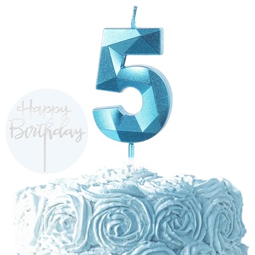 Ronoza 3D Blau Geburtstagskerzen Zahlen 5, Glitzer Kerzen Geburtstag, Geburtstagskerzen für Torte, Kerze 5, Kerzen Zahlen, Tortendeko Geburtstag (mit Silber Happy Birthday Cake Topper) von Ronoza