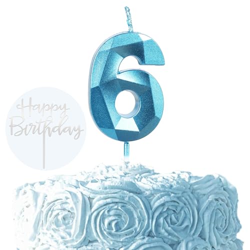 Ronoza 3D Blau Geburtstagskerzen Zahlen 6, Glitzer Kerzen Geburtstag, Geburtstagskerzen für Torte, Kerze 6, Kerzen Zahlen, Tortendeko Geburtstag (mit Silber Happy Birthday Cake Topper) von Ronoza