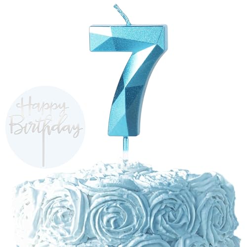 Ronoza 3D Blau Geburtstagskerzen Zahlen 7, Glitzer Kerzen Geburtstag, Geburtstagskerzen für Torte, Kerze 7, Kerzen Zahlen, Tortendeko Geburtstag (mit Silber Happy Birthday Cake Topper) von Ronoza