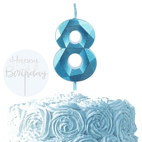 Ronoza 3D Blau Geburtstagskerzen Zahlen 8, Glitzer Kerzen Geburtstag, Geburtstagskerzen für Torte, Kerze 8, Kerzen Zahlen, Tortendeko Geburtstag (mit Silber Happy Birthday Cake Topper) von Ronoza