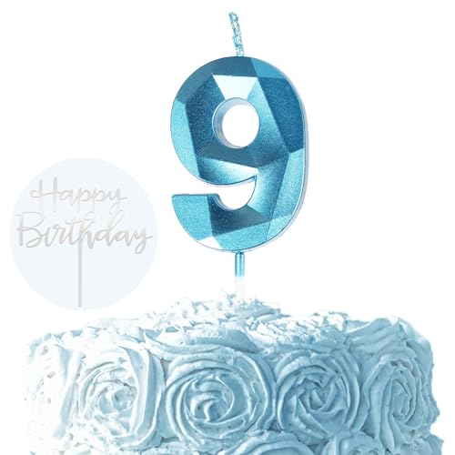 Ronoza 3D Blau Geburtstagskerzen Zahlen 9, Glitzer Kerzen Geburtstag, Geburtstagskerzen für Torte, Kerze 9, Kerzen Zahlen, Tortendeko Geburtstag (mit Silber Happy Birthday Cake Topper) von Ronoza