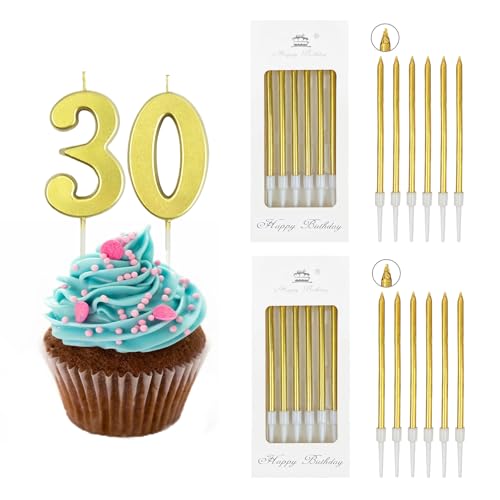 Ronoza Geburtstagskerzen Zahlen 30, Kerzen Geburtstag, Geburtstagskerze Gold, Geburtstagskerzen für Torte, Kerze 30, Kerzen Zahlen mit 12 Stück Dünne Lange Gold Geburtstagskerze von Ronoza