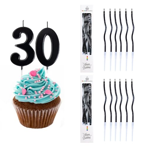 Ronoza Geburtstagskerzen Zahlen 30, Kerzen Geburtstag, Geburtstagskerze Schwarz, Geburtstagskerzen für Torte, Kerze 30, Kerzen Zahlen mit 12 Stück Dünne Lange Biegen Schwarz Geburtstagskerze von Ronoza