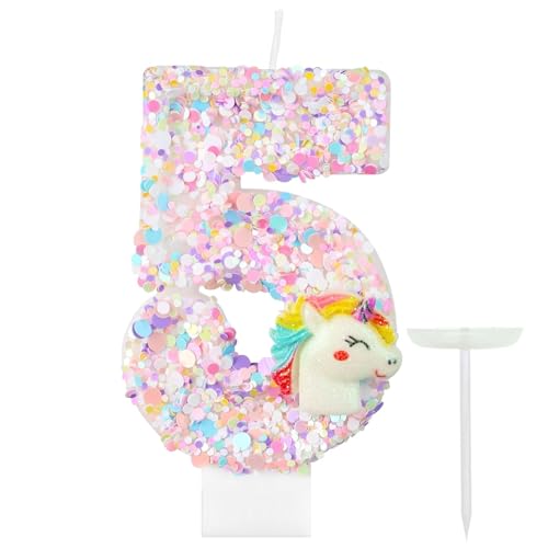 Ronoza Geburtstagskerzen Zahlen 5, Geburtstagskerzen Kinder, Pailletten Kerze, Geburtstagskerze, Einhorn Geburtstag Tortendeko, Geburtstagskerzen für Torte, Zahlenkerze, Kerze 5 Geburtstag von Ronoza