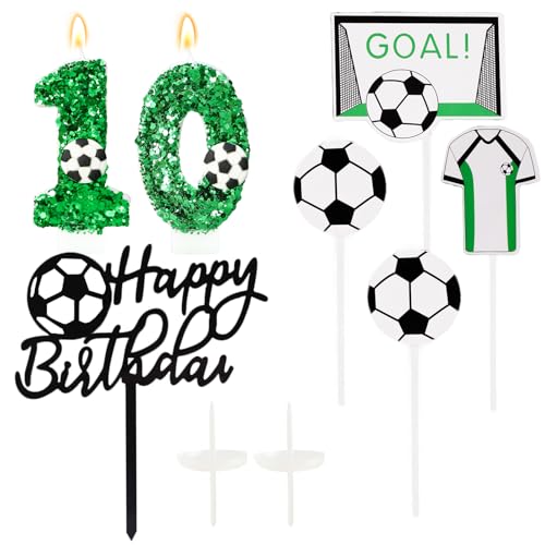 Ronoza Pailletten Geburtstagskerzen Zahlen 10 (Fußball Deko), Kerzen Geburtstag, Grüne Geburtstagskerze, Geburtstagskerzen für Torte, Kerze 10, Kerzen Zahlen (mit Tortendeko Fussball Set) von Ronoza