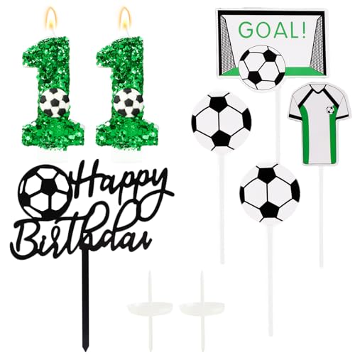 Ronoza Pailletten Geburtstagskerzen Zahlen 11 (Fußball Deko), Kerzen Geburtstag, Grüne Geburtstagskerze, Geburtstagskerzen für Torte, Kerze 11, Kerzen Zahlen (mit Tortendeko Fussball Set) von Ronoza