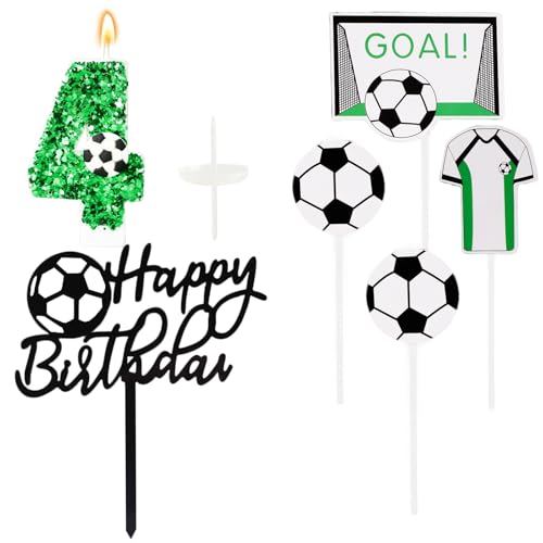 Ronoza Pailletten Geburtstagskerzen Zahlen 4 (Fußball Deko), Kerzen Geburtstag, Grüne Geburtstagskerze, Geburtstagskerzen für Torte, Kerze 4, Kerzen Zahlen (mit Tortendeko Fussball Set) von Ronoza