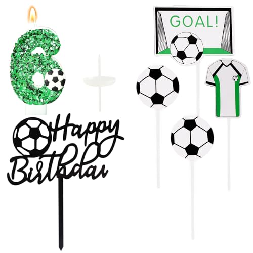 Ronoza Pailletten Geburtstagskerzen Zahlen 6 (Fußball Deko), Kerzen Geburtstag, Grüne Geburtstagskerze, Geburtstagskerzen für Torte, Kerze 6, Kerzen Zahlen (mit Tortendeko Fussball Set) von Ronoza