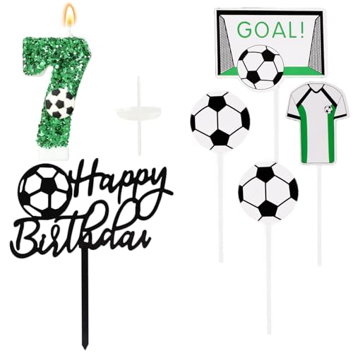 Ronoza Pailletten Geburtstagskerzen Zahlen 7 (Fußball Deko), Kerzen Geburtstag, Grüne Geburtstagskerze, Geburtstagskerzen für Torte, Kerze 7, Kerzen Zahlen (mit Tortendeko Fussball Set) von Ronoza