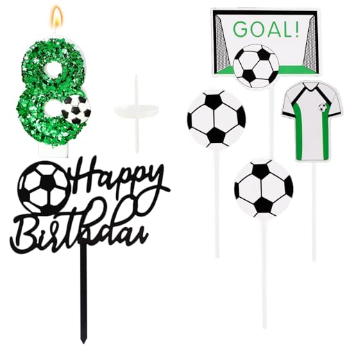 Ronoza Pailletten Geburtstagskerzen Zahlen 8 (Fußball Deko), Kerzen Geburtstag, Grüne Geburtstagskerze, Geburtstagskerzen für Torte, Kerze 8, Kerzen Zahlen (mit Tortendeko Fussball Set) von Ronoza