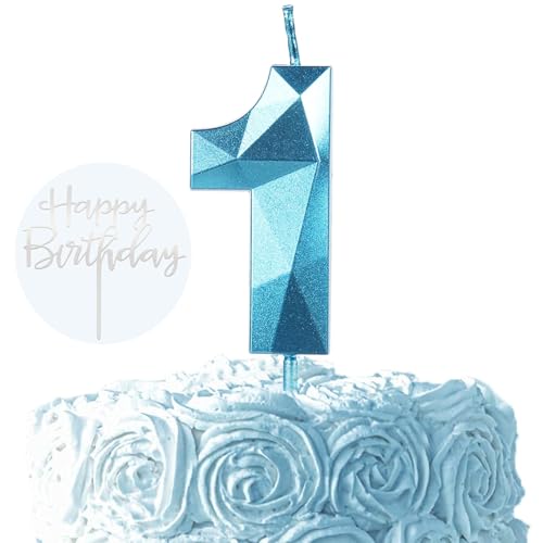 Ronoza 3D Blau Geburtstagskerzen Zahlen 1, Glitzer Kerzen Geburtstag, Geburtstagskerzen für Torte, Kerze 1, Kerzen Zahlen, Tortendeko Geburtstag (mit Silber Happy Birthday Cake Topper) von Ronoza