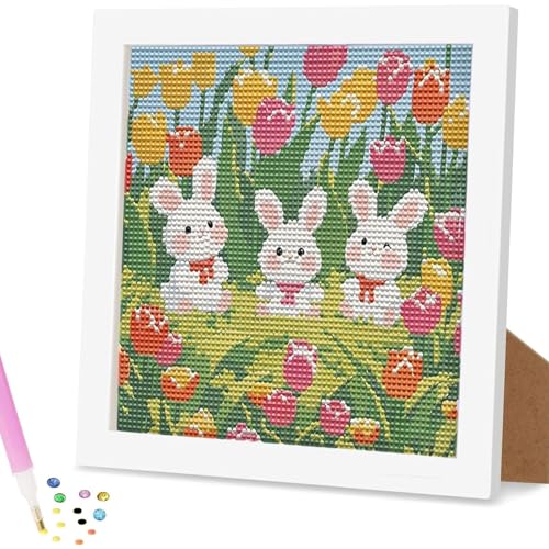 Ronoza Diamond Painting Kinder - 20x20cm Ostern Geschenke Kinder - Niedliches Hasen und Blumen Motiv - Basteln Mädchen 6 Jahre - Diamond Painting, Kreatives DIY Kunstprojekt für Mädchen und Jungen von Ronoza