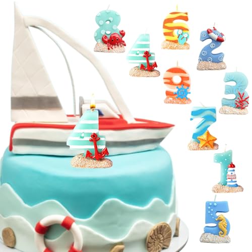 Ronoza Geburtstagskerzen Zahlen 4, Zahlenkerzen mit Meer Ozean und Strand Thema, Sommerthema Geburtstagskerze, Geburtstagskerzen Kinder, Kerzen Geburtstag 4, Duftkerze (Sandelholz Duft) von Ronoza