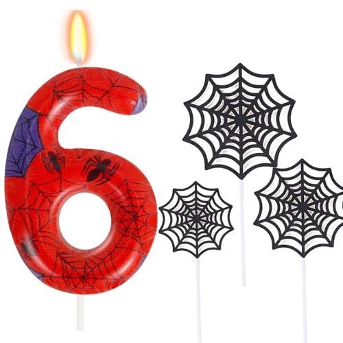Ronoza Geburtstagskerzen Zahlen 6 (Spidey Deko), Kerzen Geburtstag, Grüne Geburtstagskerze, spidey 6, Geburtstagskerzen für Torte, Kerze 6, Kerzen Zahlen (mit Tortendeko Spinnennetz Set) von Ronoza