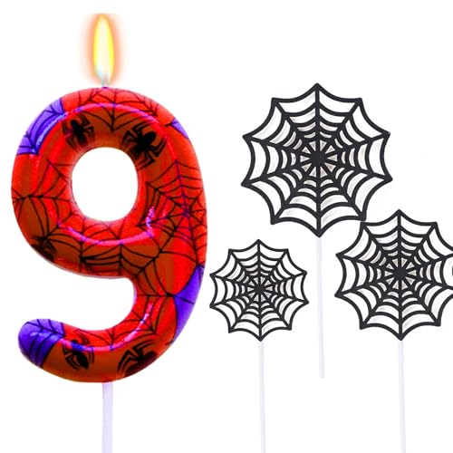 Ronoza Geburtstagskerzen Zahlen 9 (Spidey Deko), Kerzen Geburtstag, Grüne Geburtstagskerze, spidey 9, Geburtstagskerzen für Torte, Kerze 9, Kerzen Zahlen (mit Tortendeko Spinnennetz Set) von Ronoza