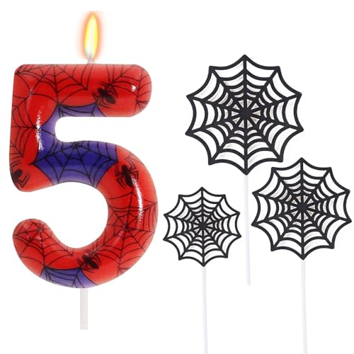 Ronoza Geburtstagskerzen Zahlen 5 (Spidey Deko), Kerzen Geburtstag, Grüne Geburtstagskerze, spidey 5, Geburtstagskerzen für Torte, Kerze 5, Kerzen Zahlen (mit Tortendeko Spinnennetz Set) von Ronoza