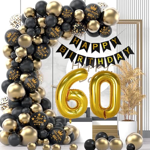 60 Geburtstag Deko, 60. Geburtstag Mann Frau, Geburtstagsdeko 60, Happy Birthday Girlande Ballon Schwarz Gold Deko, Birthday Party Decorations, Deko 60. Geburtstag Konfetti Luftballons von Ronsvmas