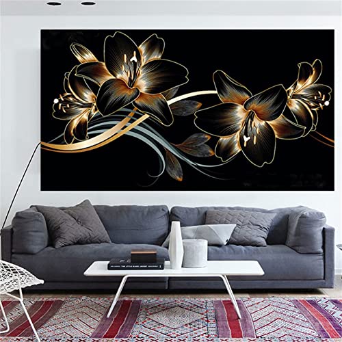 5D Diamond Painting Schwarzes Gold verlässt Lilien-Blumen Diamant Painting Set,DIY Daiments Painting Vollbohrer Kit,Malen Nach Zahlen Erwachsene Kinder,Büro Wand Wohnzimmer Deko,40x80cm/16x32in von Roogsoo