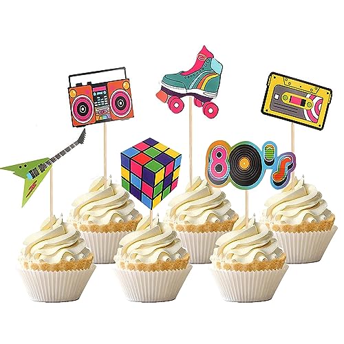 Roontin 24 Stück 80er-Jahre-Cupcake-Topper | Retro-Party-Dekorationen | Disco-Thema-Kuchenaufsätze aus Papier in Mehrfarbig mit Rund-Öffnung von Roontin