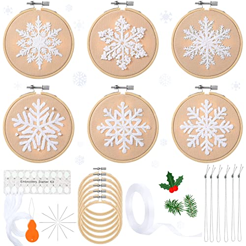 6 Sets Winter Stickset für Anfänger Schneeflocken Weihnachten Kreuz Kits DIY Nadelspitzen-Set mit Mustern, Anleitungen, Stickrahmen, Fäden, Nadeleinfädler, Seile und Band von Roowest