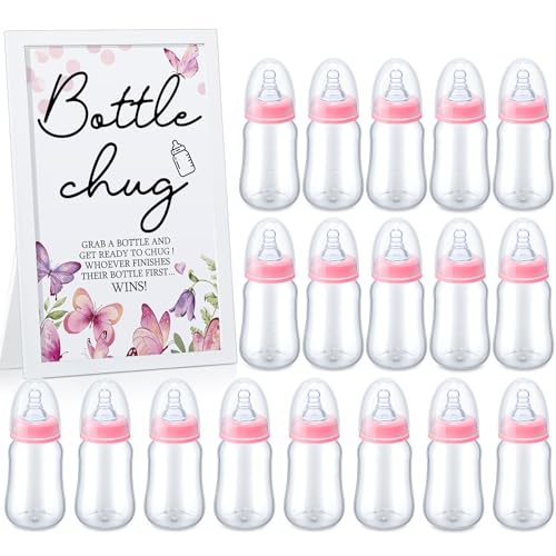 Roowest Flaschenbecher für Babypartys, inklusive rosa Schmetterlings-Thema, Holzschild und 18 Babyflaschen für Babyparty, Spiel, Geschlechtsoffenbarung, Partyzubehör von Roowest