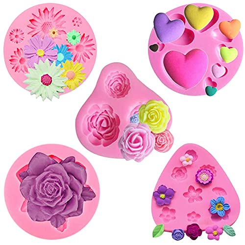 5 Stück Silikon Fondant Kuchen Formen 3D Blumen Form Silikon Backform Gänseblümchen Rosen Liebe Form DIY Tools für Schokolade Fondant Zucker Kuchen Dekoration von Ropniik