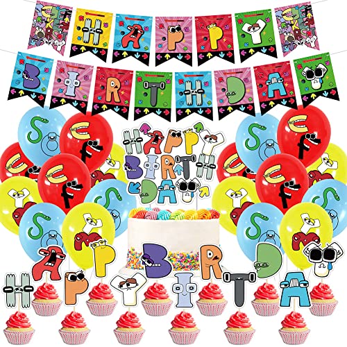 Alphabet Birthday Party Supplies , 32PCS Alphabet Legende Birthday Party Decorations Supplies Anime Theme Party Supplies with Happy Birthday Banner Cake Toppers Latex Balloons Hanging Party Decorati von Ropniik