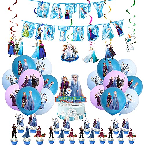 Gefrorene Prinzessin Geburtstagsfeier Dekoration, 44PCS Fro-zen-Themen-Partydekorationen DIY ​Gefrorene Luftballons Happy Birthday Banner Kuchen Topper Spiraldekorationen für Mädchen Geburtstags von Ropniik