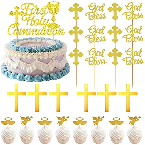 Kommunion Tortendeko,35 PCS Glitzer Gold First Holy Communion Kuchen Topper,Cake Topper Gold Acryl,Taufe Cake Topper,mit Engel Taube Kreuz Heiliger Gral Muster Kuchendekoration,für Erstkommunion Kommunion Tortendeko,35 PCS Glitzer Gold First Holy Communion Kuchen Topper,Cake Topper Gold Acryl,Taufe Cake Topper,mit Engel Taube Kreuz Heiliger Gral Muster Kuchendekoration,für Erstkommunion von Ropniik