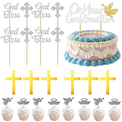 Kommunion Tortendeko,35 pcs First Holy Communion Kuchen Topper,Cake Topper (Kreuz) Acryl,Kommunion Torte Deko,Tortendeko Kommunion Engelsflügel Topper,für Junge Mädchen Kommunion Taufe(Silber) von Ropniik